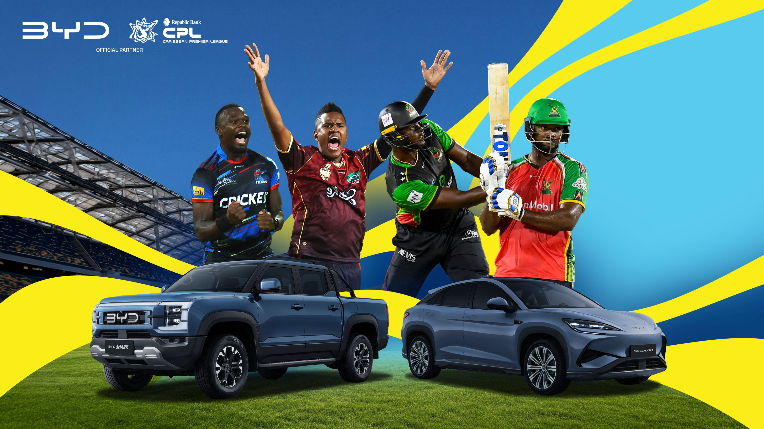 A cricket ball striking the stumps under stadium floodlights, with the BYD, Republic Bank and CPL logos
